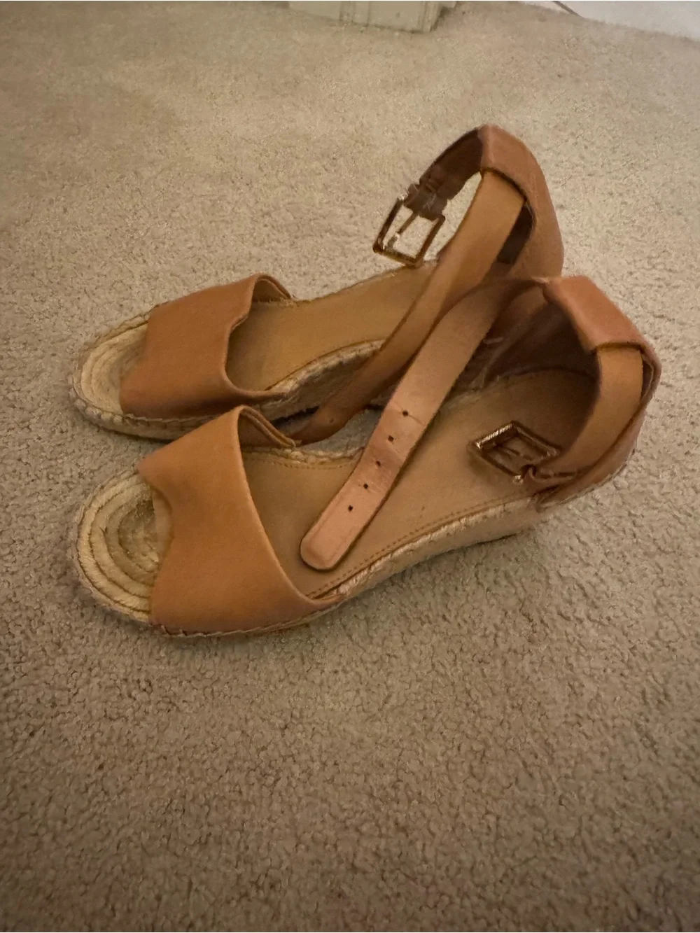 Clarks Tan Leather Espadrille Wedge Sandals with Ankle Buckle